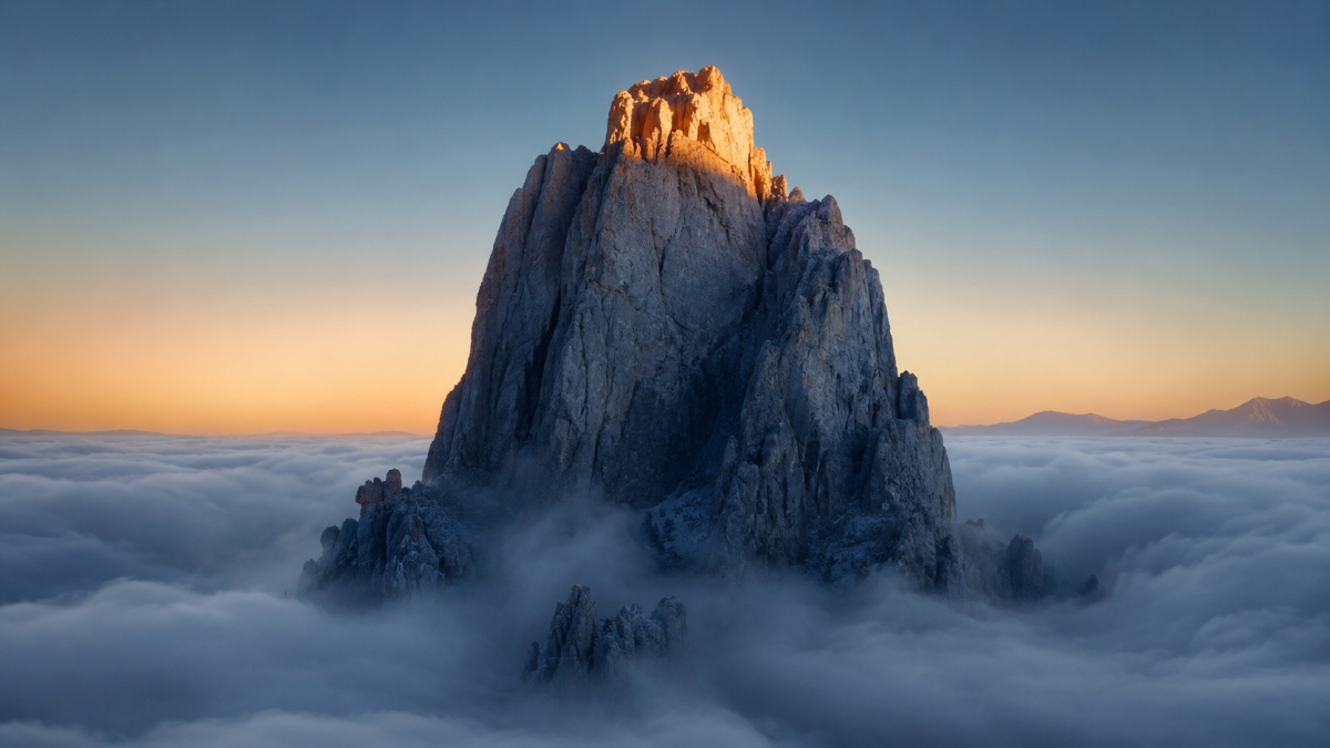Cima de roca firme emergiendo de un mar de nubes al amanecer, con la cumbre iluminada por una luz cálida.