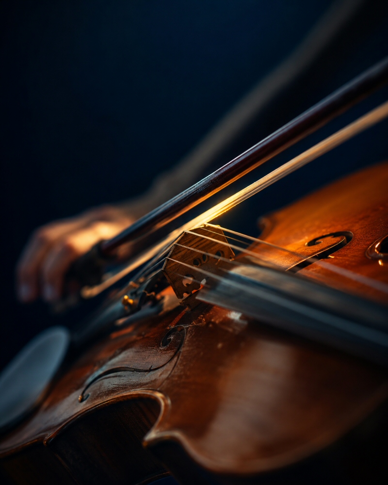Detalle del arco de un violín deslizándose sobre las cuerdas, con la mano del intérprete difuminada al fondo bajo una luz cálida.